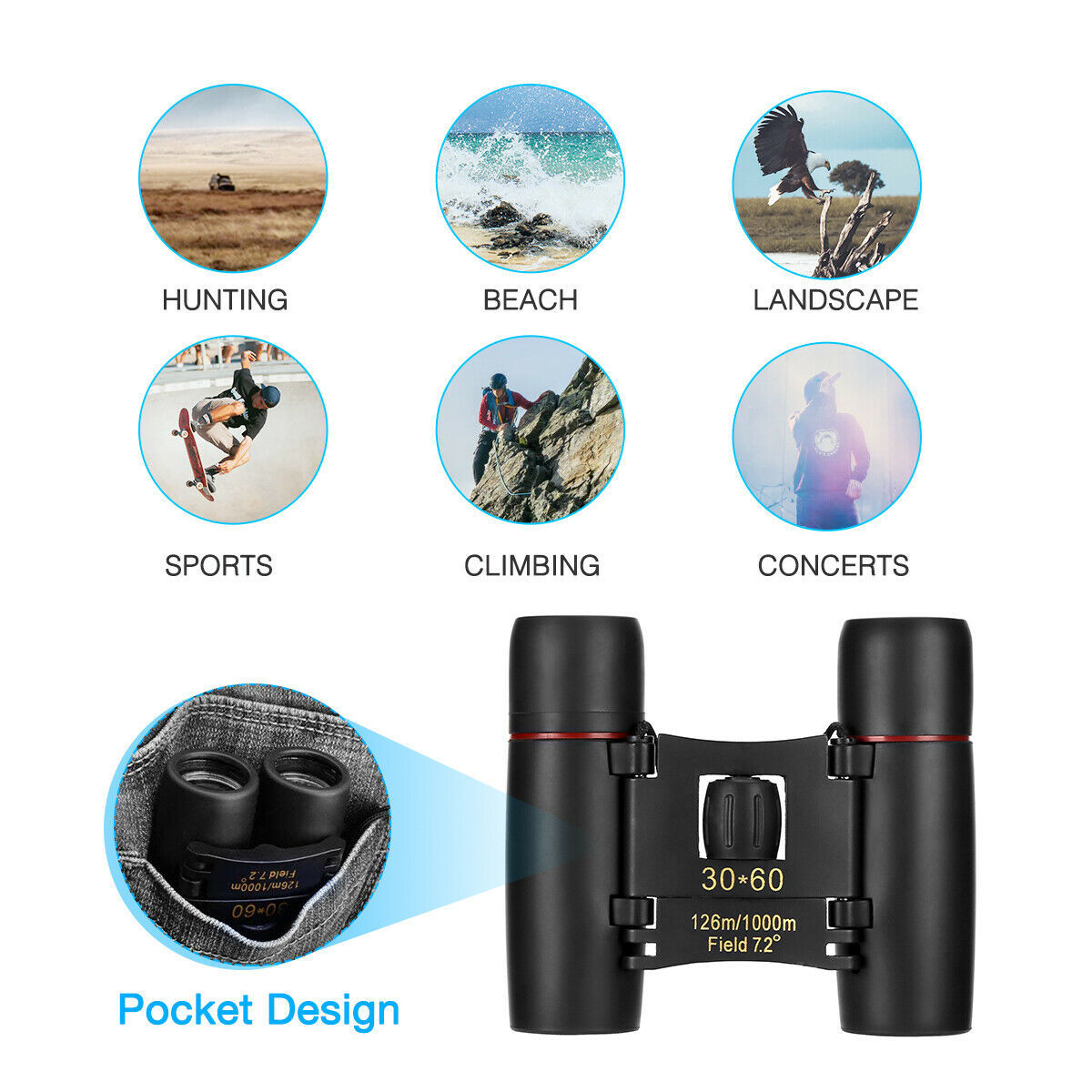 Binoculars 30x60 Zoom Travel Compact Folding Telescope Hunting Day Night Outdoor Small Pocket Binoculars Compact Fast and Free Shipping