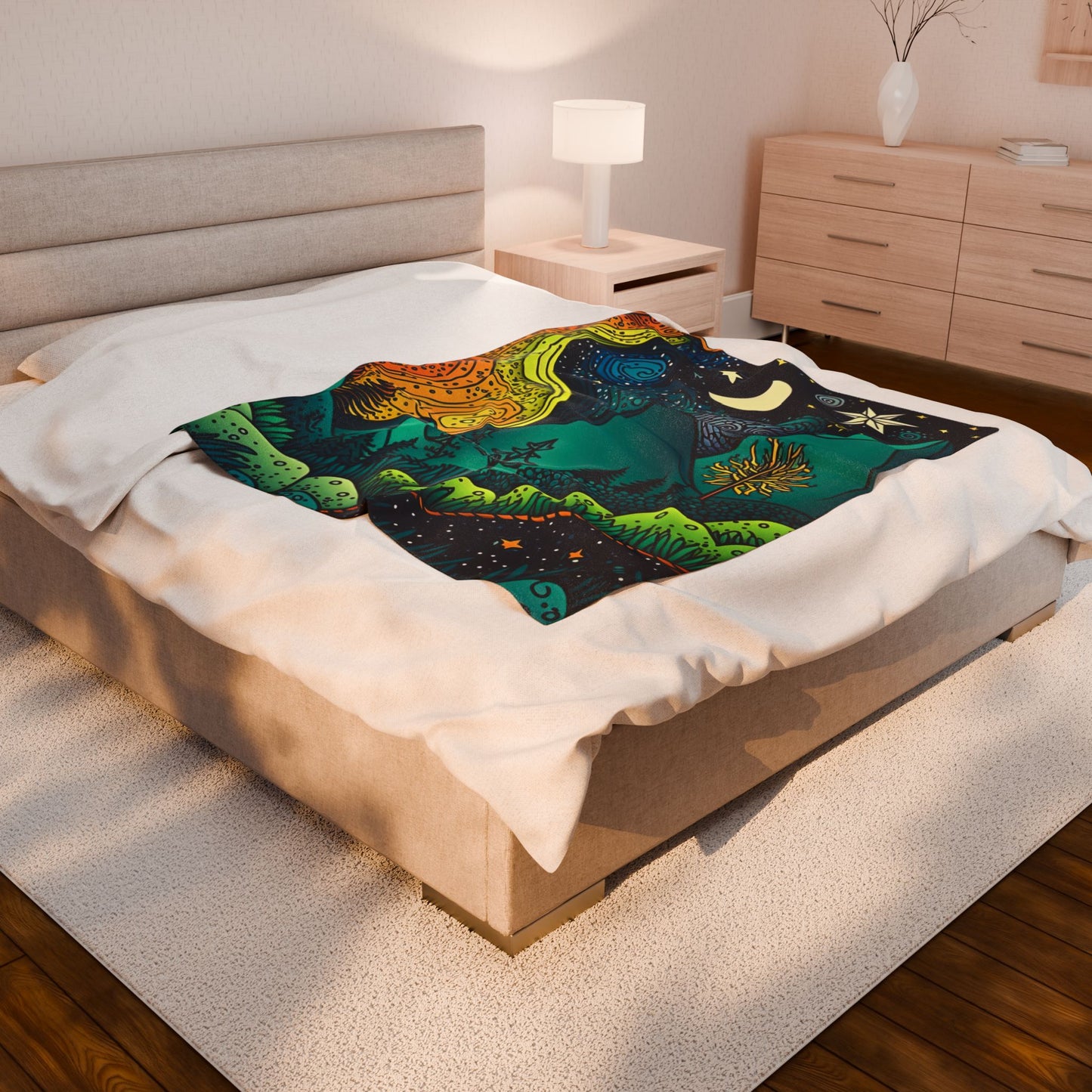 Cosmic Dreamscape Velveteen Plush Blanket - Vibrant Night Sky Design