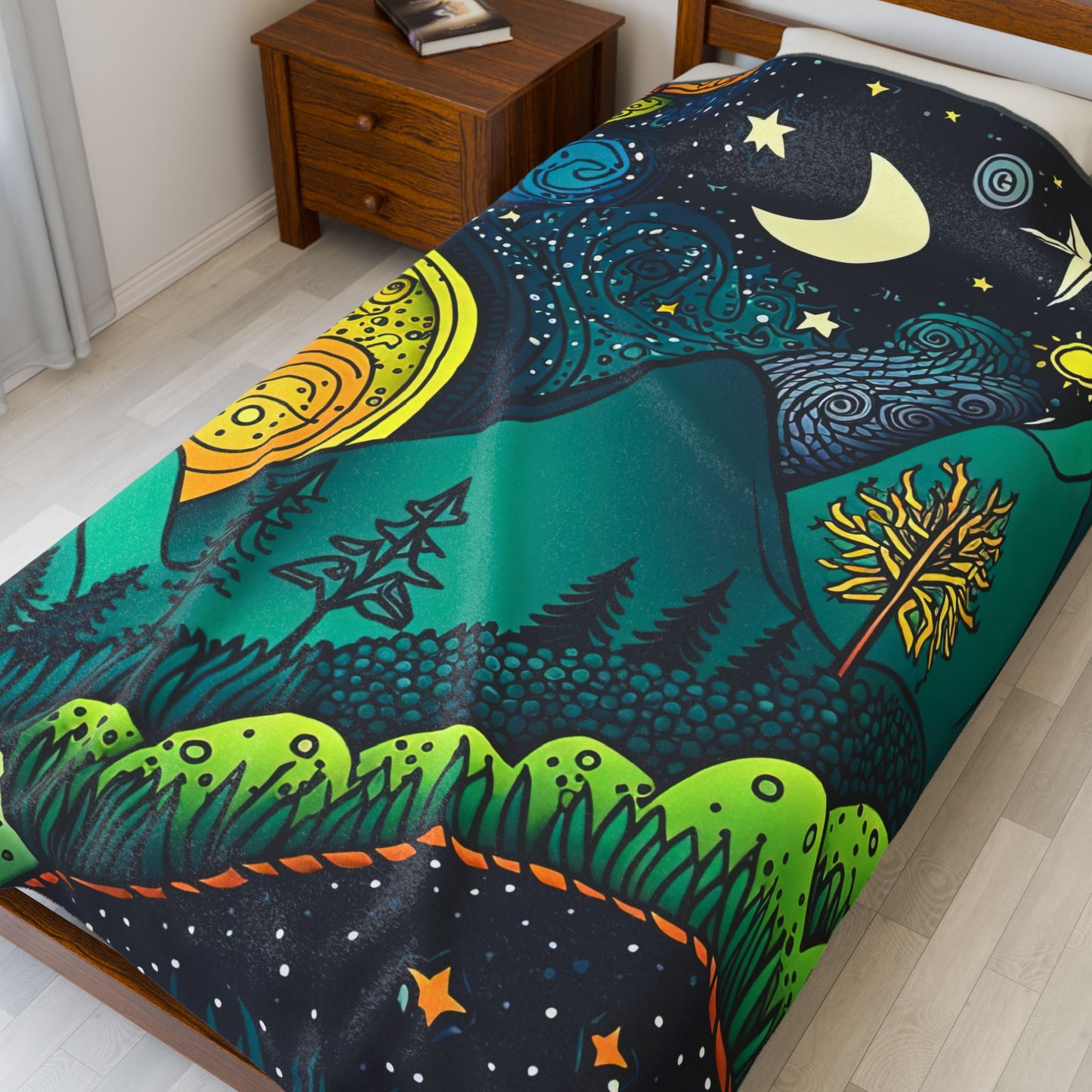 Cosmic Dreamscape Velveteen Plush Blanket - Vibrant Night Sky Design