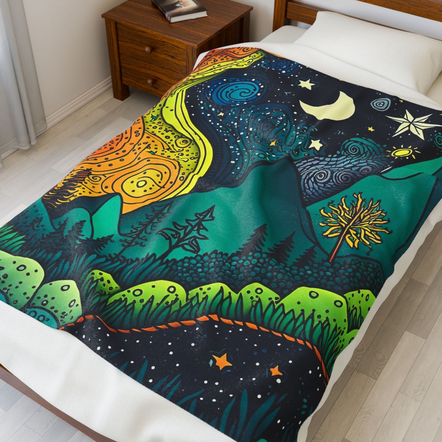 Cosmic Dreamscape Velveteen Plush Blanket - Vibrant Night Sky Design