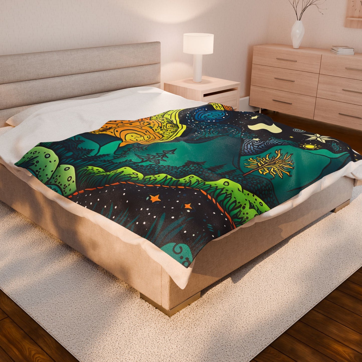 Cosmic Dreamscape Velveteen Plush Blanket - Vibrant Night Sky Design