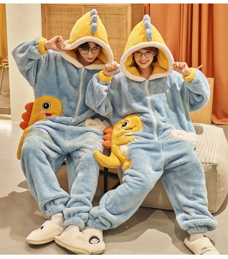 General Cute Cartoon Jumpsuit Homewear Couple One-piece Nightgown Coral Fleece Winter Thickened Plush Pajamas For Women Home Clothes Furry Pawz