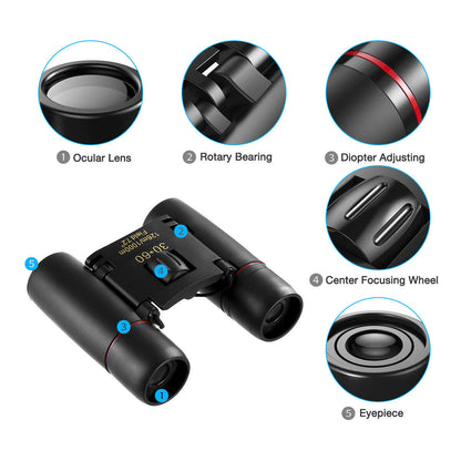 Binoculars 30x60 Zoom Travel Compact Folding Telescope Hunting Day Night Outdoor Small Pocket Binoculars Compact Fast and Free Shipping