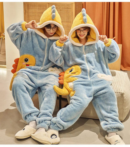 General Cute Cartoon Jumpsuit Homewear Couple One-piece Nightgown Coral Fleece Winter Thickened Plush Pajamas For Women Home Clothes Furry Pawz
